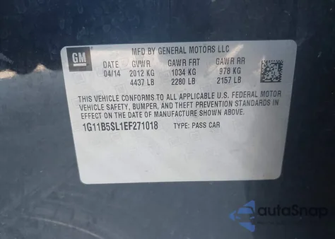 2014 Chevrolet Malibu 1Ls from USA, damaged, VIN 1G11B5SL1EF271018